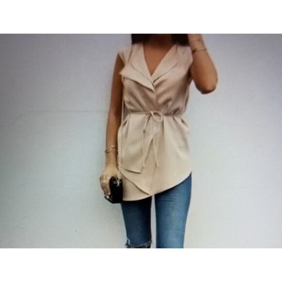 ZARA Vest Woman's Asymmetric Beige Tie Waist Closure Draped Front Layer Size S - Picture 3 of 14